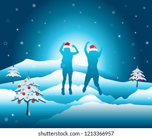 Girls with hands up jumping and having fun on the top of mountain in the snow. Friends on winter break vacation.  Vector illustration. Editable, Colorado USA.