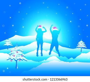 Girls with hands up jumping and having fun on the top of mountain in the snow. Friends on winter break vacation.  Vector illustration. Editable, Colorado USA.