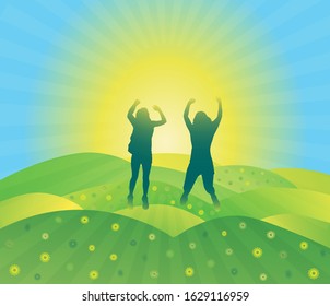 Girls with hands up jumping and having fun on the top of mountain. Sun rays illuminating hills on spring morning. Blue Ridge Mountains, North Carolina, USA. Eps 10, editable vector illustration.