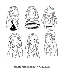 Girls happy black and white vector illustration doodle style.