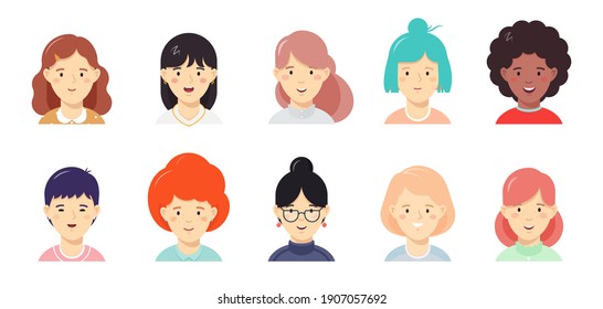 Girls happy faces flat vector illustration set. Women userpic, avatar icons for social network, web services, mobile applications. Female portraits clipart collection isolated on white background.