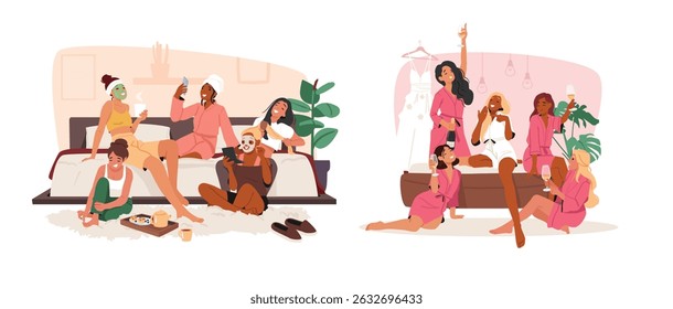 Girls happy friends enjoying home pajama party celebrating fun holiday weekends together cartoon scene. Young women characters applying cosmetic procedure, drinking champagne vector illustration
