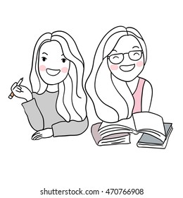 Girls happy reading and writing vector illustration doodle style.
