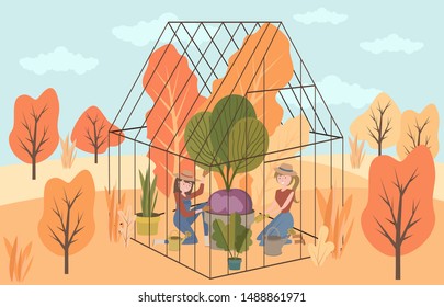 Girls harvest in a greenhouse on an autumn landscape. Editable vector illustration