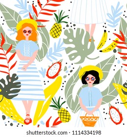 Girls in hat with basket. Tropical background. Retro dress.  Seamless floral pattern. Summer vector illustration