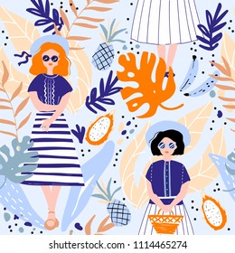 Girls in hat with basket. Tropical background. Retro dress.  Seamless floral pattern. Summer vector illustration