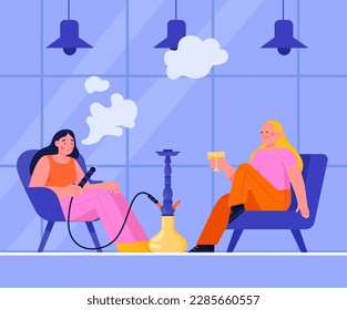 Girls have a rest in a restaurant with wine, hookah. Enjoy a cozy evening. Flat vector illustration
