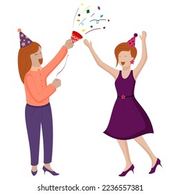 Girls having fun in office new year party vector illustration in color version