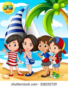 Girls having fun on the beach illustration