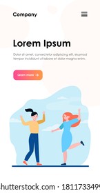 Girls having fun outdoors. Young woman, female friends celebrating and dancing flat vector illustration. Friendship, leisure, party concept for banner, website design or landing web page