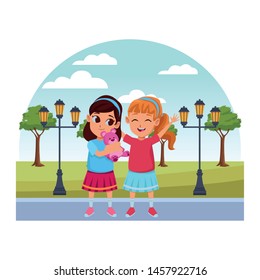 girls having fun and playing with purple teddy bear in city park with trees and streetlights scenery vector illustration graphic design