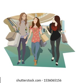 girls having fun shopping at mall. vector and illustration