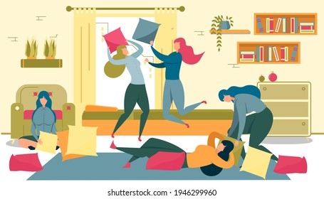 Girls Having Pajama Party Flat Cartoon Vector Illustration. Women in Bedroom or Living Room Spending Funny Time Together, Fighting with Pillows, Bouncing near Bed. Friends Communicating.