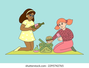 The girls are having a picnic. Two funny characters of different races. Vector color isolated illustration cartoon style.