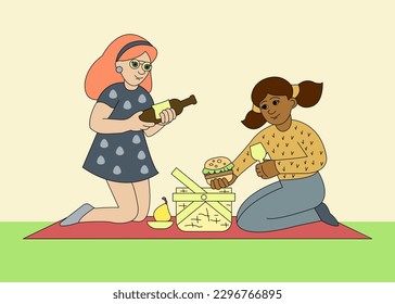 The girls are having a picnic. Two funny characters of different races. Vector color isolated illustration cartoon style.