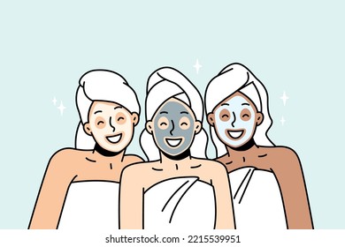 Girls in head and body towels, cosmetic face masks smiling. Women in hair wraps have beauty treatment in spa, sauna. Facial skincare female routine, anti-aging procedure. Vector outline illustration.