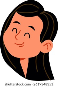 A girl's head is depicted with dark hair and a joyful expression using bold lines.  The young woman's face showcases happiness and contentment in a minimalistic style. Cartoon vector illustration