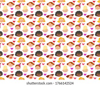 Girls head with different emotions, kids face seamless vector background