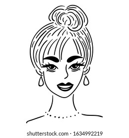 Girl's head with evening hairstyle, earrings, smile, vector for design and decor, young, logo, cute, for prints