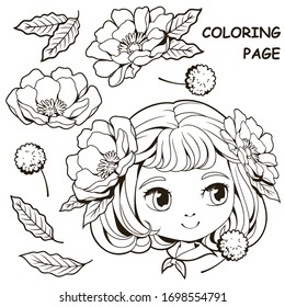 Girl's head with flower ornaments. Doodle outline vector illustration. Can be disassembled. Used for coloring pages, book for kids, Embroidered pattern, wallpaper and sticker, etc.