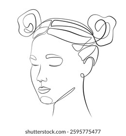 Girl's head with hair done in two buns one line drawing on white isolated background. Face of a beautiful young woman with closed eyes 