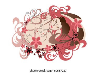 The girl's head in the pattern of hair and flowers