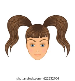 girl's head with pigtails. Lady with blue eyes.