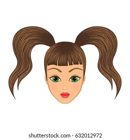 girl's head with pigtails. Lady with green eyes.