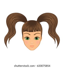 girl's head with pigtails. Lady with green eyes.