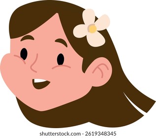 A girl's head is presented in a simple cartoon style with a flower behind her ear.  A young woman's portrait shows a joyful expression and dark hair. Cartoon vector illustration