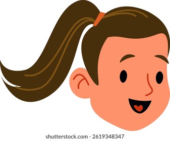A girl's head is shown in profile with a long ponytail tied up.  The young person's joyful face beams with happiness in this simple, flat illustration. Cartoon vector illustration