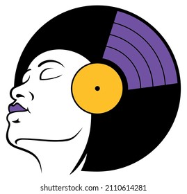 Girl's head with vinyl record haircut. Music logo design concept, isolated on wite background.