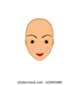 girl's head without hair. Bald lady with yellow eyes.