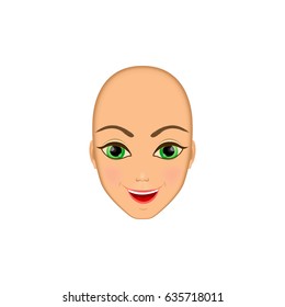 girl's head without hair. Bald lady with green eyes.