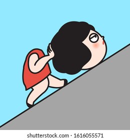 Girl's Headless Body Keeps Pushing Or Moving Uphill Her Own Tired Heavy Head Concept Card Character illustration
