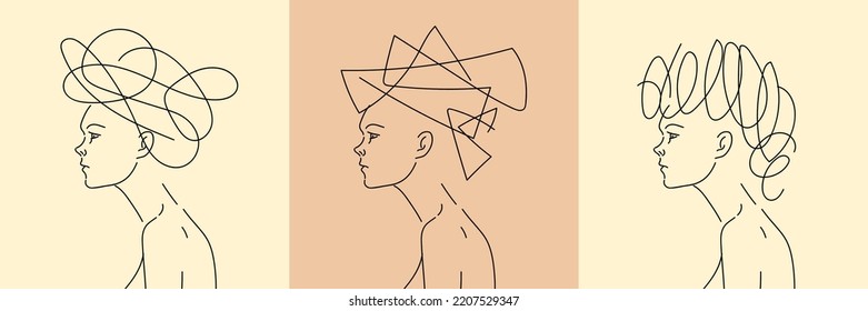 Girls' heads with different futuristic hairstyles. The image of the head of cute women in profile.