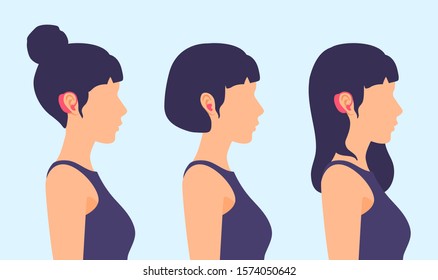 Girls with hearing aids on their ears. Side view, a person's profile. Vector flat illustration.