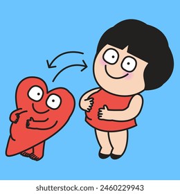 Girl's Heart Is Full, And So Is Her Tummy. Full Belly Happy Heart Concept Card Character illustration