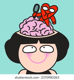 Girl's Heart Using A Magnifying Glass To Look At A Brain. Mental And Brain Connection Health Concept Card Character illustration