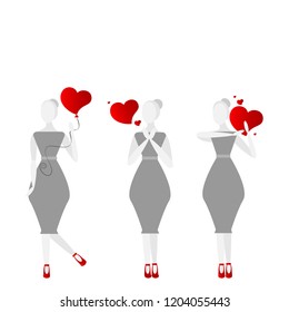 Girls with hearts, cute catroon illustration on abstract girla with hearts for web and print in black and white with red hearts .  Single ladies , alon yang womans.