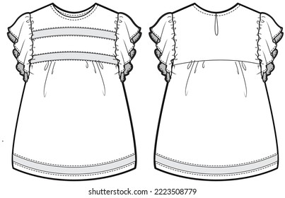 Girls Heirloom Dress design with Frills flat sketch fashion illustration vector template with front and back view,  Toddler baby girl frock dress