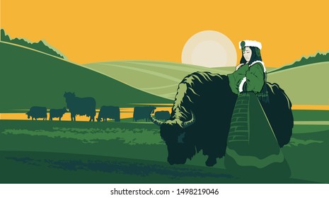 Girls and herds grazing on the Tibetan grasslands at dusk