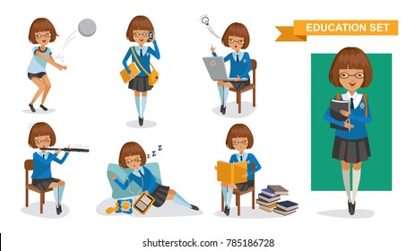 Girls high school of Education set.Playing volleyball, talking on the phone, computer thinking, thinking, playing flute, listening, sleeping, reading. Student activity concept. character design.Vector