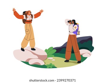 Girls hikers taking photos in nature. Happy women friends hiking with camera. Backpackers, tourists travel with backpack. Holiday adventure. Flat vector illustration isolated on white background