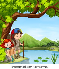 Girls hiking by the river illustration