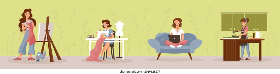 Girl's hobby. Young women at home enjoying their free time and doing hobbies. Painting, sewing, blogging, cooking. Female characters in flat cartoon style. Vector illustration.