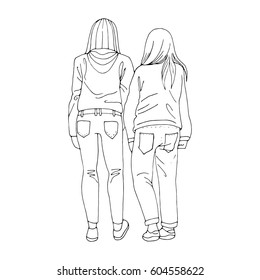 Girls hold hands. Friendship. Vector outline