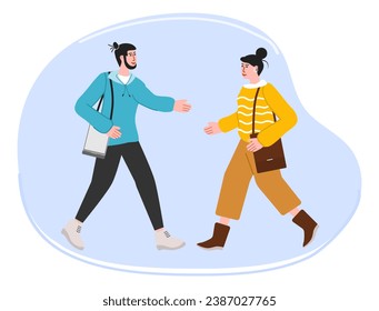 Girls hold out their hands to each other to greet. Meeting Date Relationship Interaction. People. Cooperation Collaboration Friendship Teamwork Vector illustration