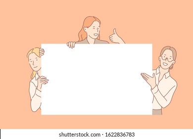 Girls holding big empty banner concept. Young smiling women showing white blank piece of paper, placard with text place, advertisement poster, promotion template. Simple flat vector