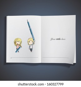 Girls holding blue pen printed on book. Vector design. 